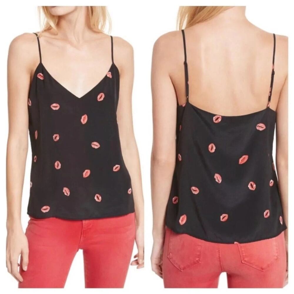 L’Agence Suede Silk BlackRed Lip Print Women's Cami Top Blouse size small
